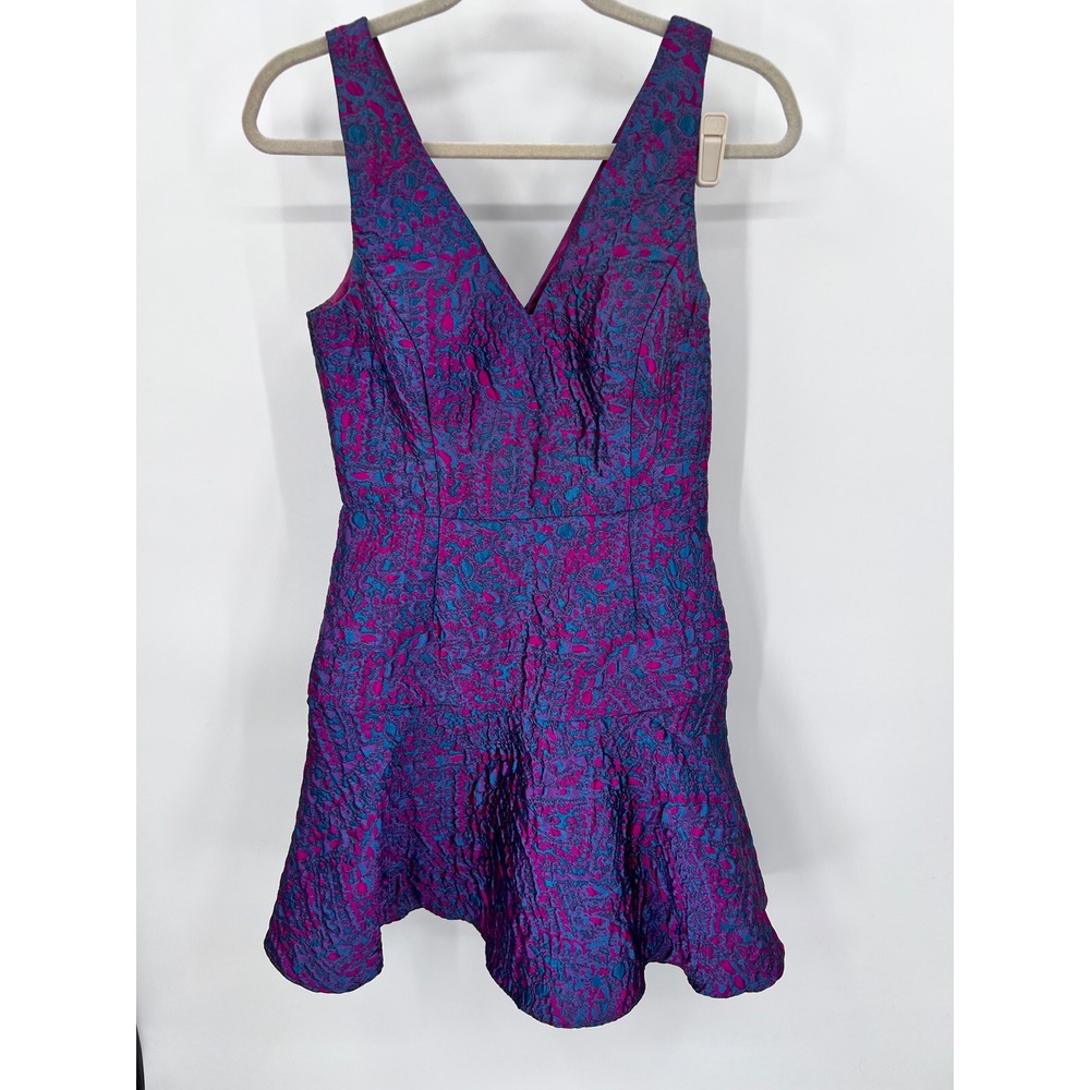 Aidan by Aidan Mattox Purple Blue Jacquard Brocade V-Neck Fit Flare Mini Dress 6